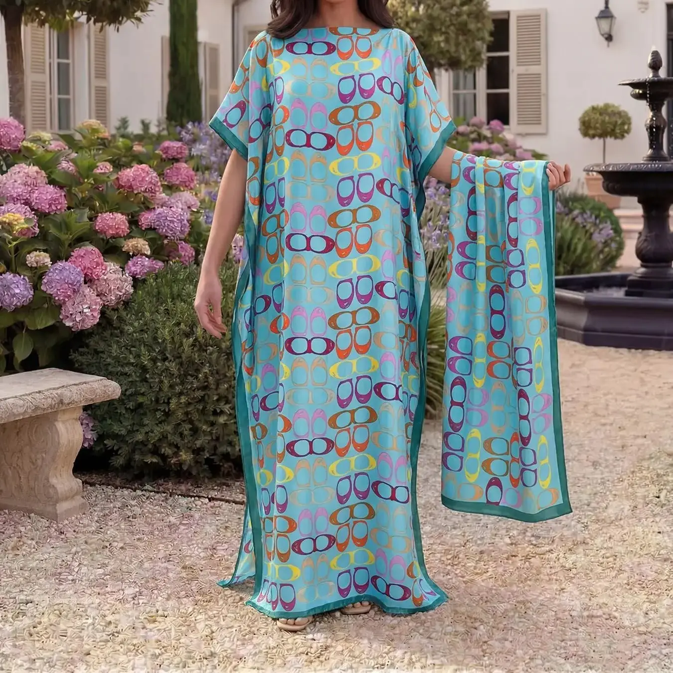 Women's Elegant Geometric Print Two-Piece Set, Beach Sun Protection Long Robe & Silk Scarf for All Seasons, Fashion Accessory, Beach Cover-Ups, Swimsuit Coverups