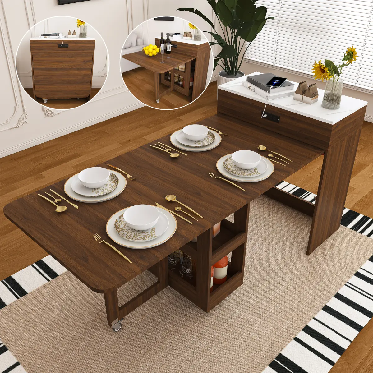 Expandable Wall Mounted Dining Table with Rolling Casters & Power Outlet, Natural Walnut MDF Multifunctional Kitchen Island for Small Space, 31.5" to 74" Extendable Rectangular Tabletop
