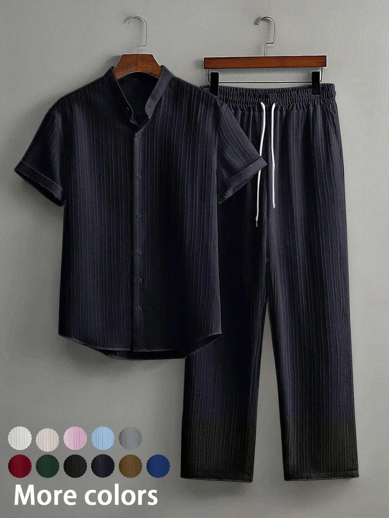 Two-Piece Set Men's Linen Set, Casual Short Sleeve Button Up Shirt & Pants Set for Summer, Men's Clothes for Beach Vacation