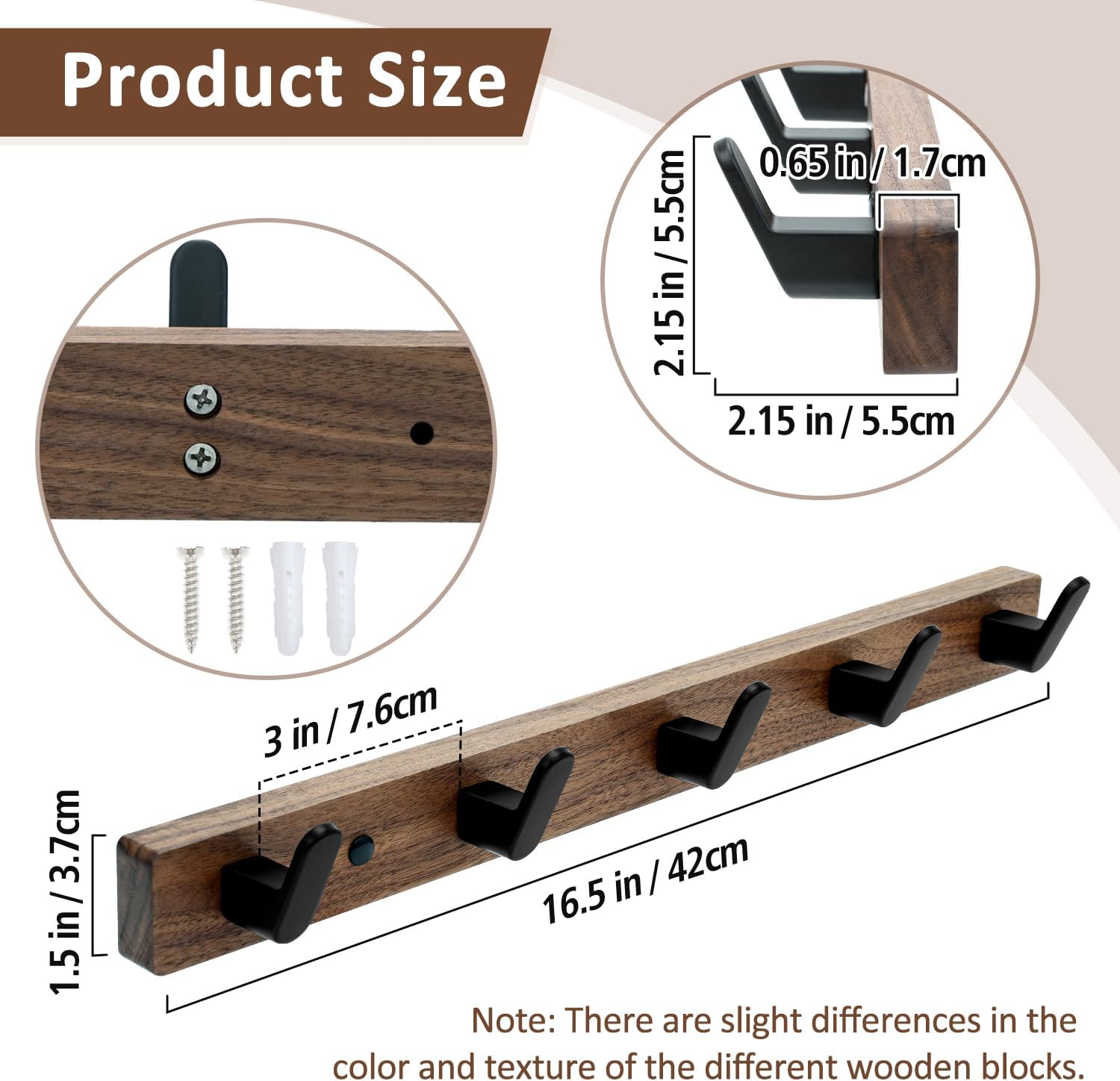 Coat Hooks Wall Mount, Wall Mounted Coat Rack with 4/5 Aluminum Hooks for Hanging Backpacks, Hats, Dog Leashes, Towels, Keys, Walnut Wood Wall Hooks for Entryway, Bathroom, Bedroom