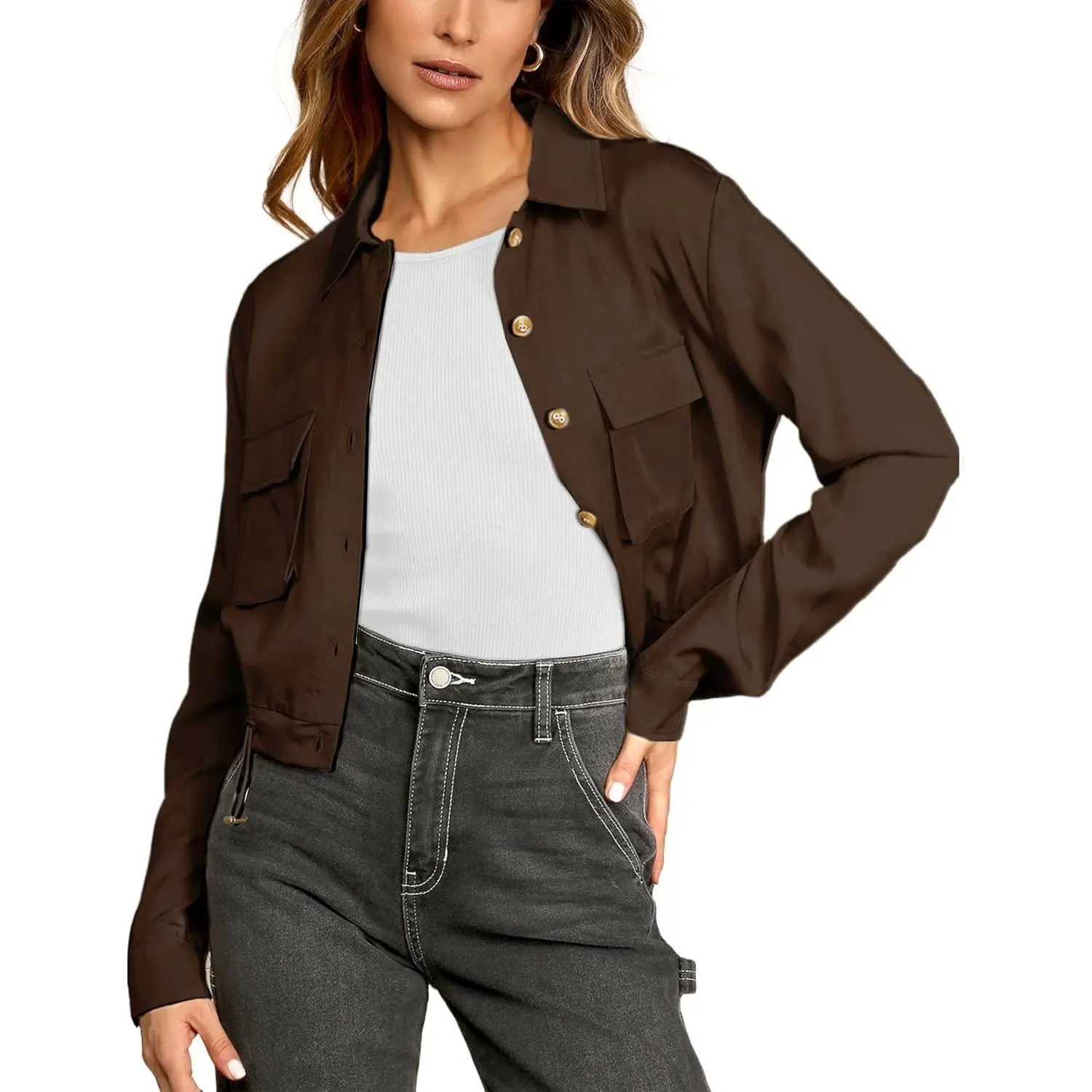 Women's Lightweight Black Cropped Utility Jacket Military Safari Button Down Anorak Coat with Pockets