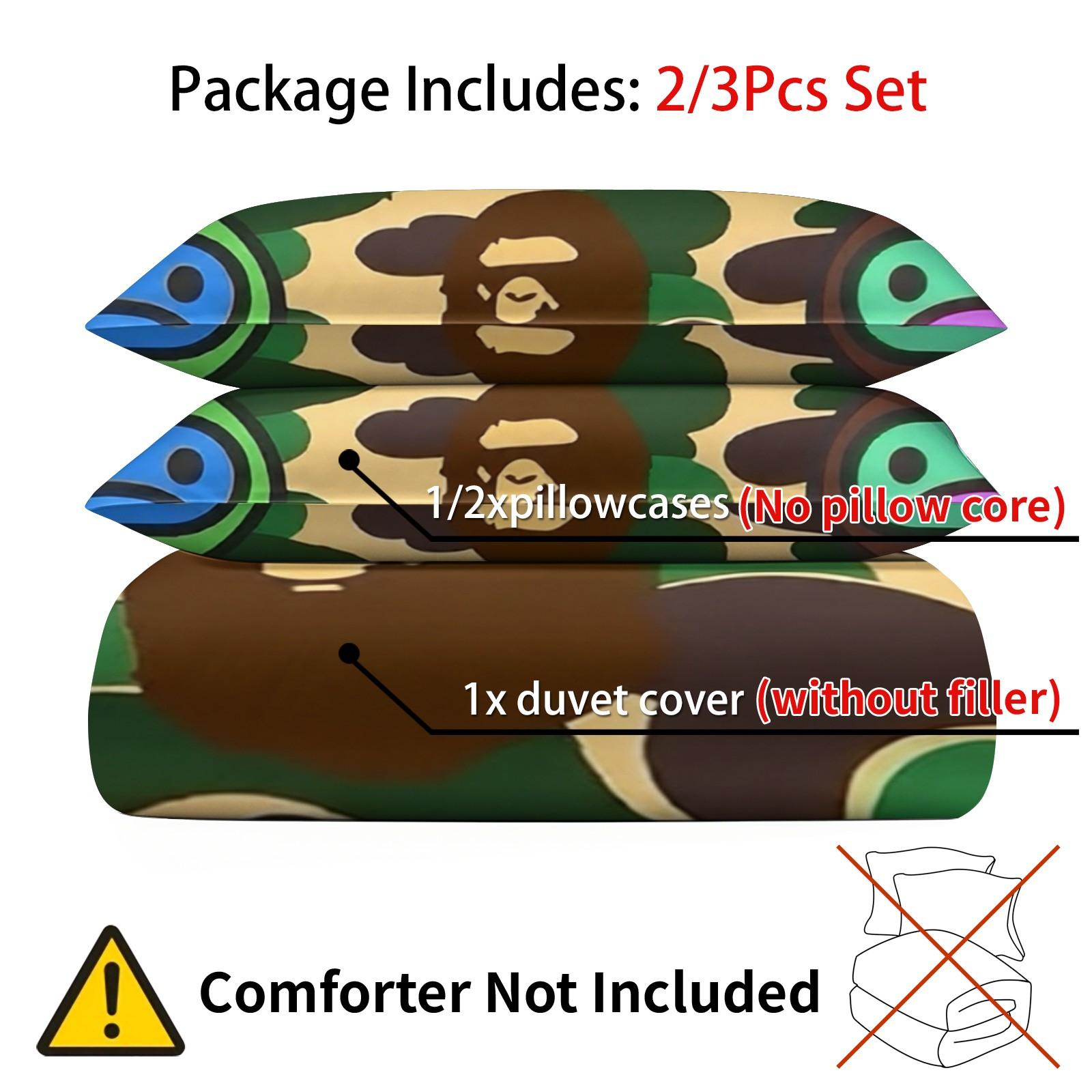 BAPE Ape Head Print Duvet Cover Set,Includes 1 Duvet Cover and 1-2 Pillowcases,Military Camouflage Bedding Set,Suitable for Boys and Teenagers Whimsical Room Decor