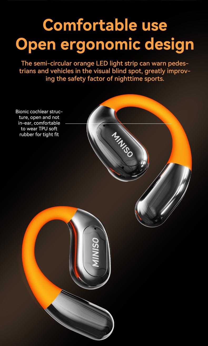 MINISO MS183 Open Ear Luminous Wireless Earbuds with Cool Light 360° Rote HIFI Sound Quality Sports Bluetooth Headphones OWS Earbuds IPX5 Waterproof With microphone Earphones