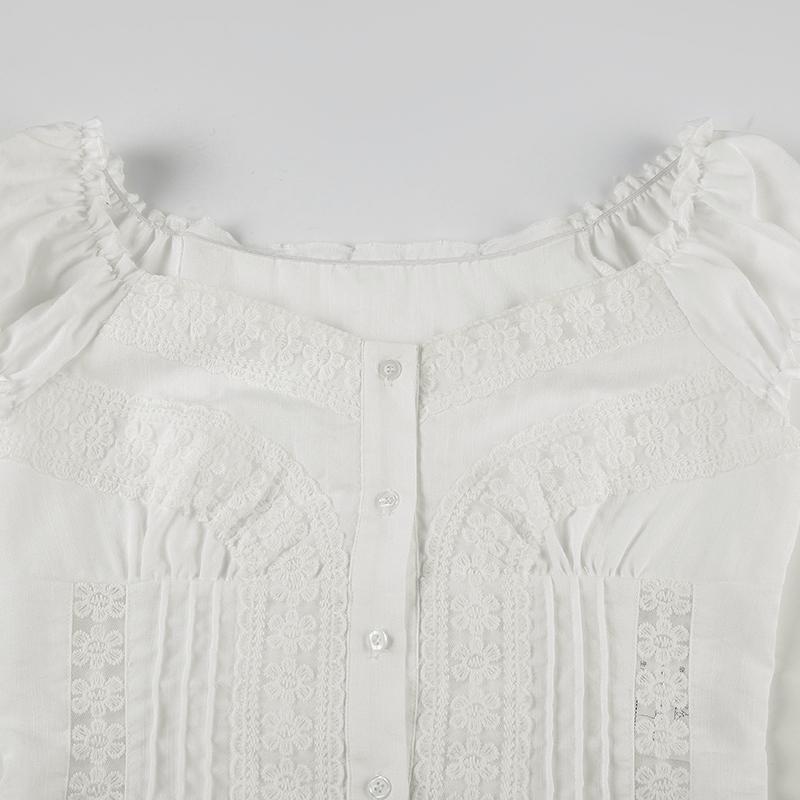 Women's Plain Contrast Lace Frill Trim Button Front Blouse, Sweet Fashion Puff Sleeve Top for Summer, Women's Clothing for Daily Wear