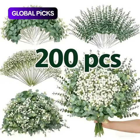 200 Pcs Mixed Artificial Eucalyptus Stems, Baby's Breath Flowers, Decorative Faux Flowers for Weddings, DIY Bouquets, Home Decor, Faux Greenery Plants, Decorative Florals #GLOBAL PICKS