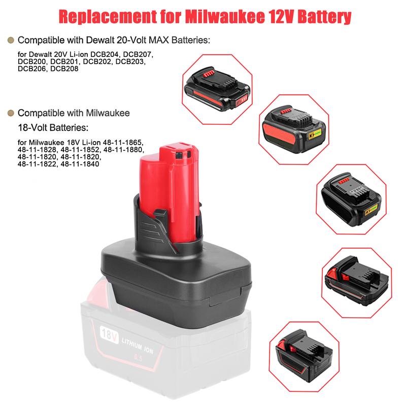 KUNLUN Adapter for DeWalt 20V Battery & for Milwaukee ∧∧-18 18V Battery Convert for ∧∧-18 to for ∧∧-12 Battery for Milwaukee ∧∧-12 Battery Compatible with Milwaukee ∧∧-12 12V Cordless Power Tools Use (Adapter Only)