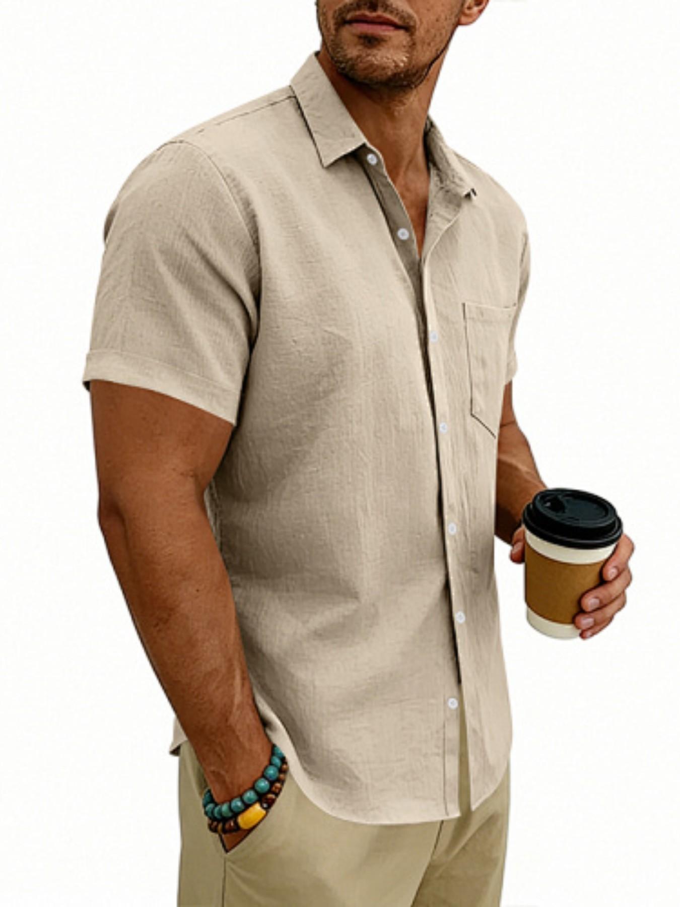 Men's Hawaiian-style linen loose-fit semi-high-neck short-sleeved top, designed for casual daily wear with comfortable and breathable fabric