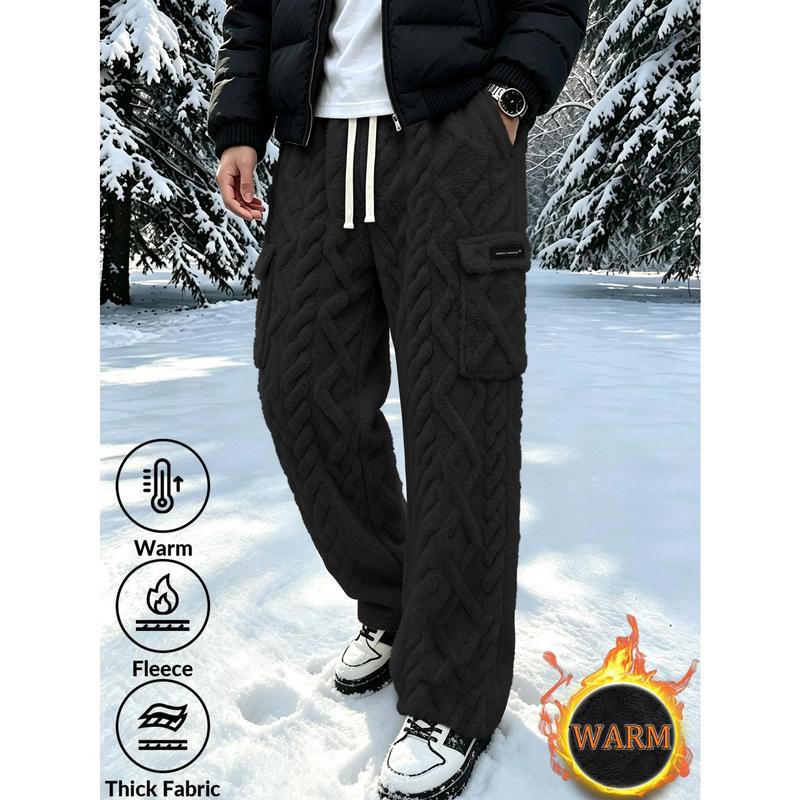 Men'S Winter Thick Warm Trousers, Jacquard Fleece, Elastic Waist Drawstring, Suitable for Casual Outdoor Home Wear, Regular Fit, Sporty Style, Outdoor Activity
