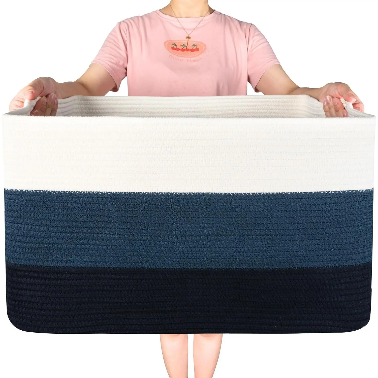 22in Large Blanket Basket Holder Living Room, Rectangle Rope Woven Storage Basket with Handles for Laundry, Pool Towels, and Shoes, Dog Toy Organizer Bin Box, 3-Tone Blue