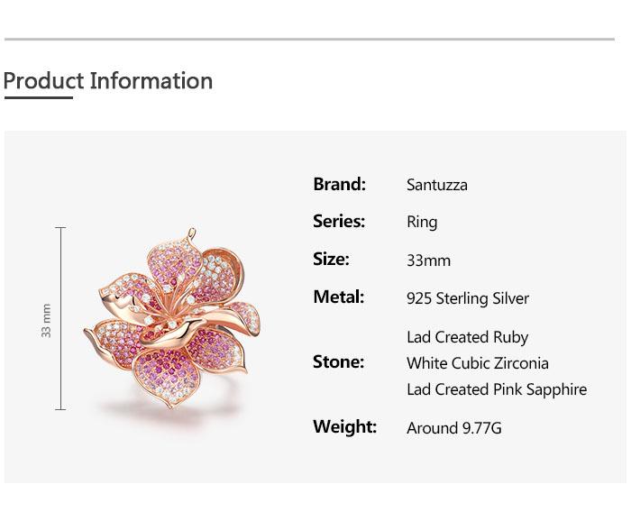 SANTUZZA 925 Silver Created Pink Sapphire White Cubic Zirconia Ring Blossom Hibiscus Charming Fashionable Jewelry