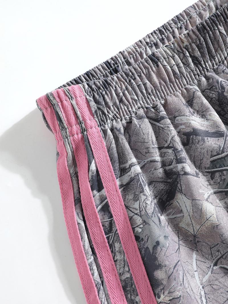 Women's Summer Camo Print Shorts, Casual Loose-Fitting Elastic Waist, Side Striped Design, Outdoor Wear, Daily Use Women's Summer Camo Print Shorts, Casual Loose-Fitting Elastic Waist, Side Striped Design, Outdoor Wear, Daily Use