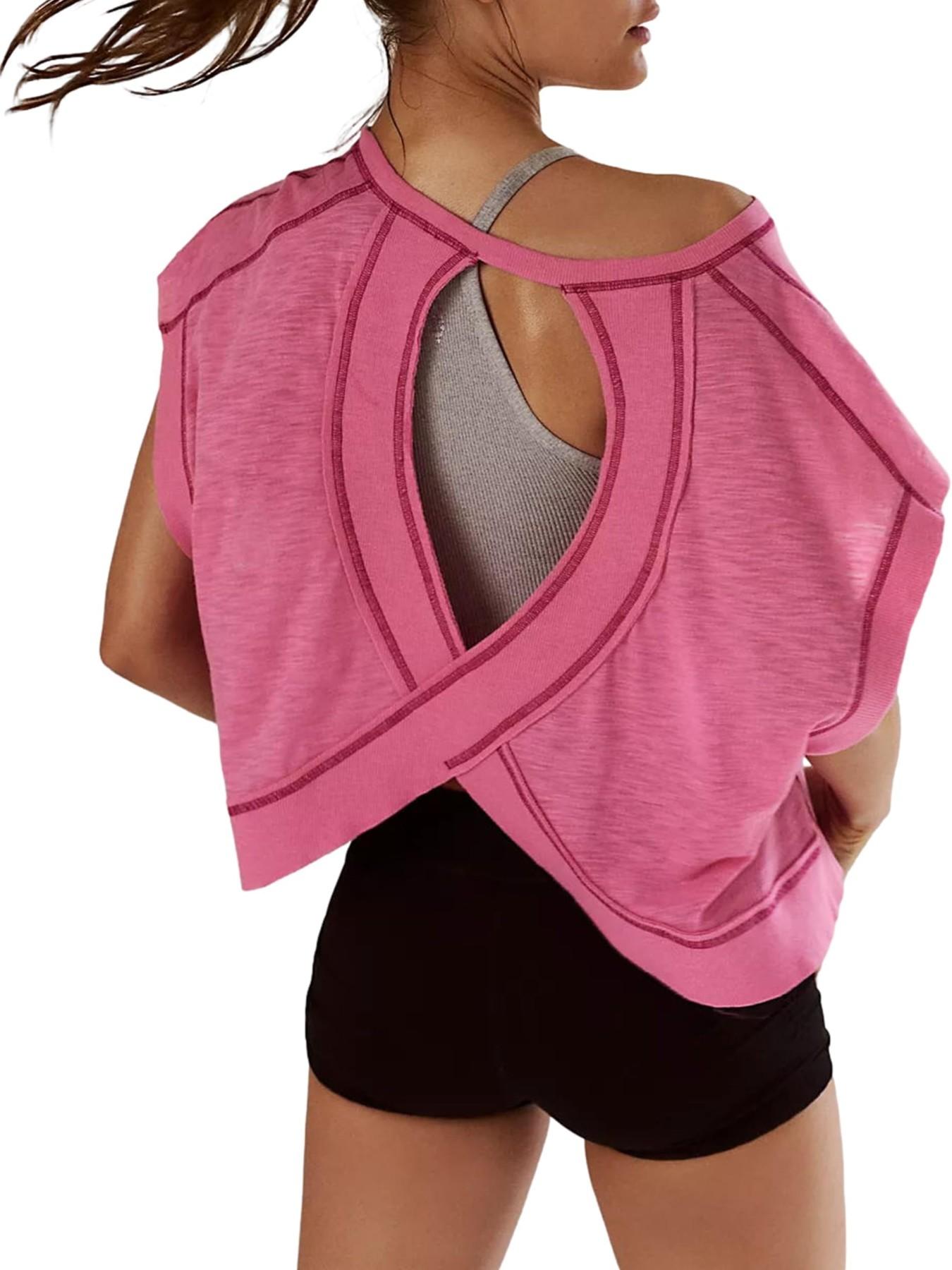 Women's Sporty Hoodie Round Neck Loose Fit Casual Sports T-Shirt, Gym Yoga Tops, Backless Hollow Design, Pure Color Skin-Friendly Yoga Wear