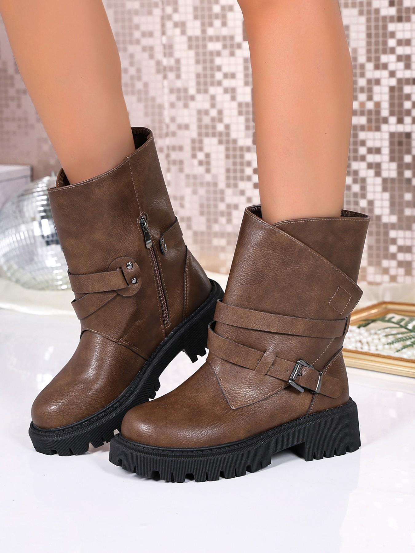 Women's Vintage PU Leather Belt Buckle Thick Sole Boots, Comfortable Anti-Slip, Fashionable Fall & Winter Shoes