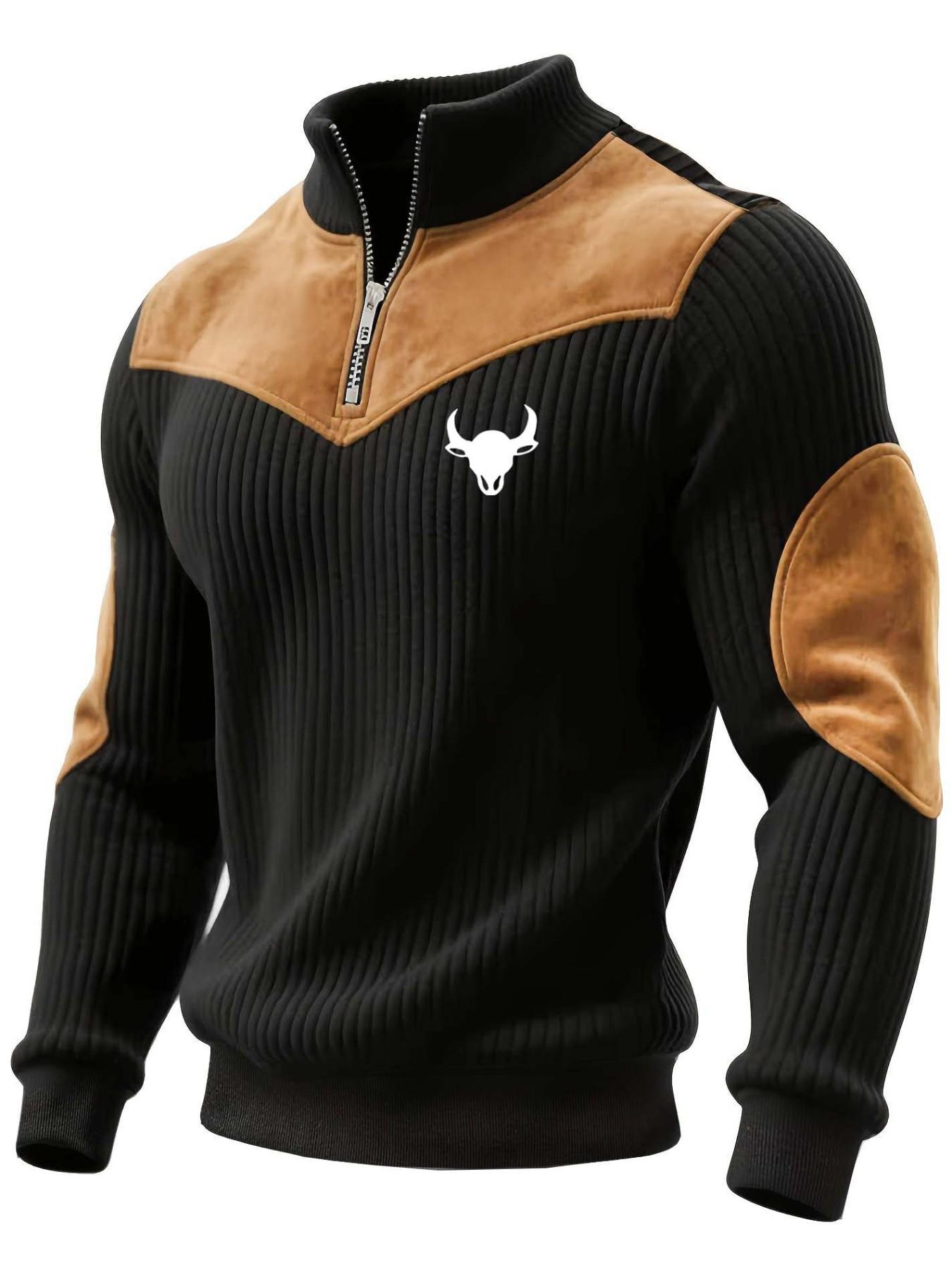 Men's Stand Collar Pullover Sweater, Autumn Winter Warm Half Zip Long Sleeve Cow Head Print Patchwork Ribbed Vintage Streetwear