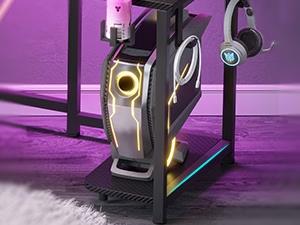 Sikaic 79 Inches Wing Shaped LED Gaming Desk With 2 Fabric Drawers Storage Shelf Stable Tabletop Wood Workstation