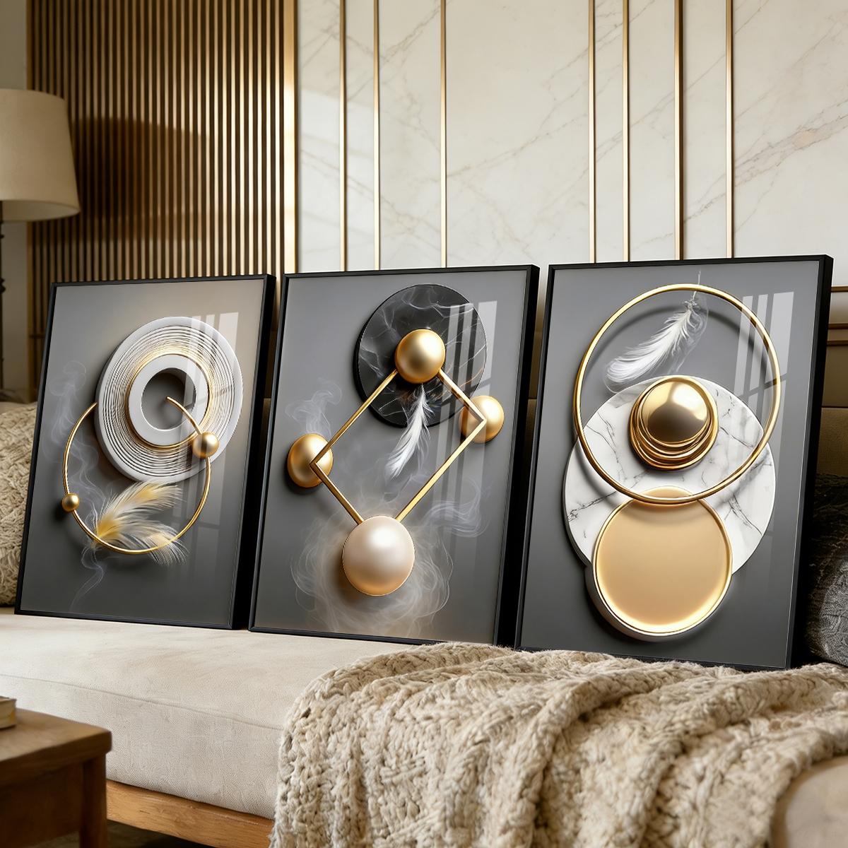 3 Counts Aluminum Alloy Framed Painting, Modern Abstract Geometric Gold And Feather Art Pictures, Home Decoration For Living Room, Bedroom, Office, Restaurant, Hallway Wall Decor, Odorless Print Artwork, Luxury Perfect Gift For Friends And Family