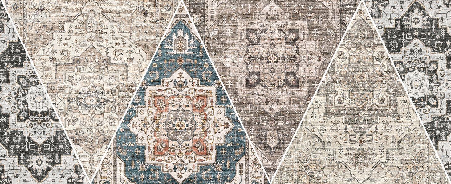 Area Rug 5x7 Washable Vintage - Soft Rugs for Living Room Large Non Slip Backing with Low Pile Farmhouse Oriental Retro Carpet for Bedroom Dining Room or Home Office - Tea Brown