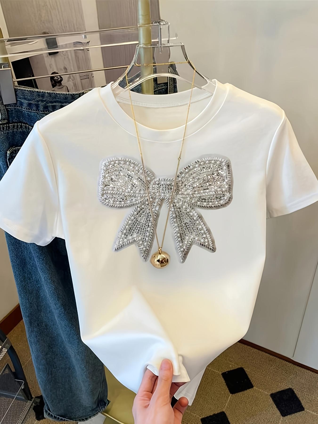 Women's Fashion Butterfly Sequins Detail Tee, Casual Style Short Sleeve Round Neck Top, Comfortable Elastic Geometric Pattern Shirt