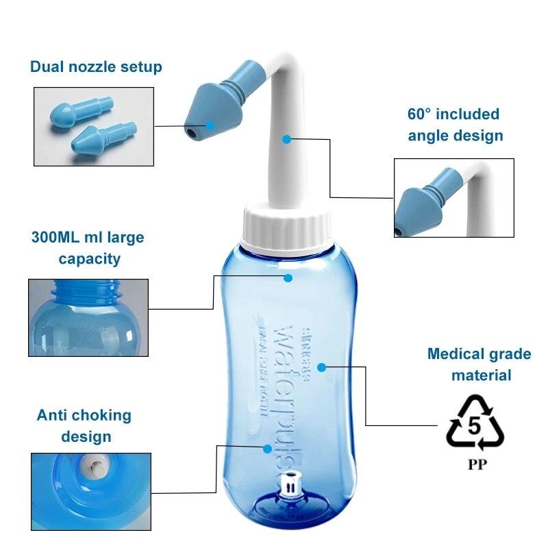 300ml Waterpulse nose washer NetiPot Sinus Rinse Bottle Nose rinsingCleaner Rinse Nasal lrrigation AvoidAllergic Rhinitis Oral CleansingComfort (300ml with 30 Nasal WashSalt Packets,Blue) nasalrinsesinus
