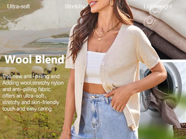 Arach&Cloz Womens Wool Blended Cropped Cardigan Sweater 2026 Short Sleeve Shrug Business Casual Outfits Lightweight Top