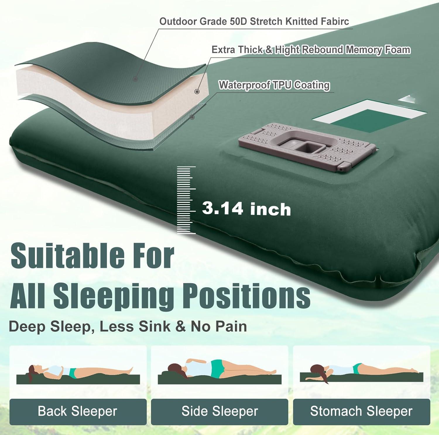 Self Inflating Sleeping Pad with Electric Pump, 3.14" Ultra-Thick Memory Foam Sleeping Mats for Camping,Easy Inflate&Deflate,9.5 R-Value Insulated Camping Mattress Pad with Pillow for Car Travel Tent Self Inflating Sleeping Pad with Electric Pump, 3.14" Ultra-Thick Memory Foam Sleeping Mats for Camping,Easy Inflate&Deflate,9.5 R-Value Insulated Camping Mattress Pad with Pillow for Car Travel Tent