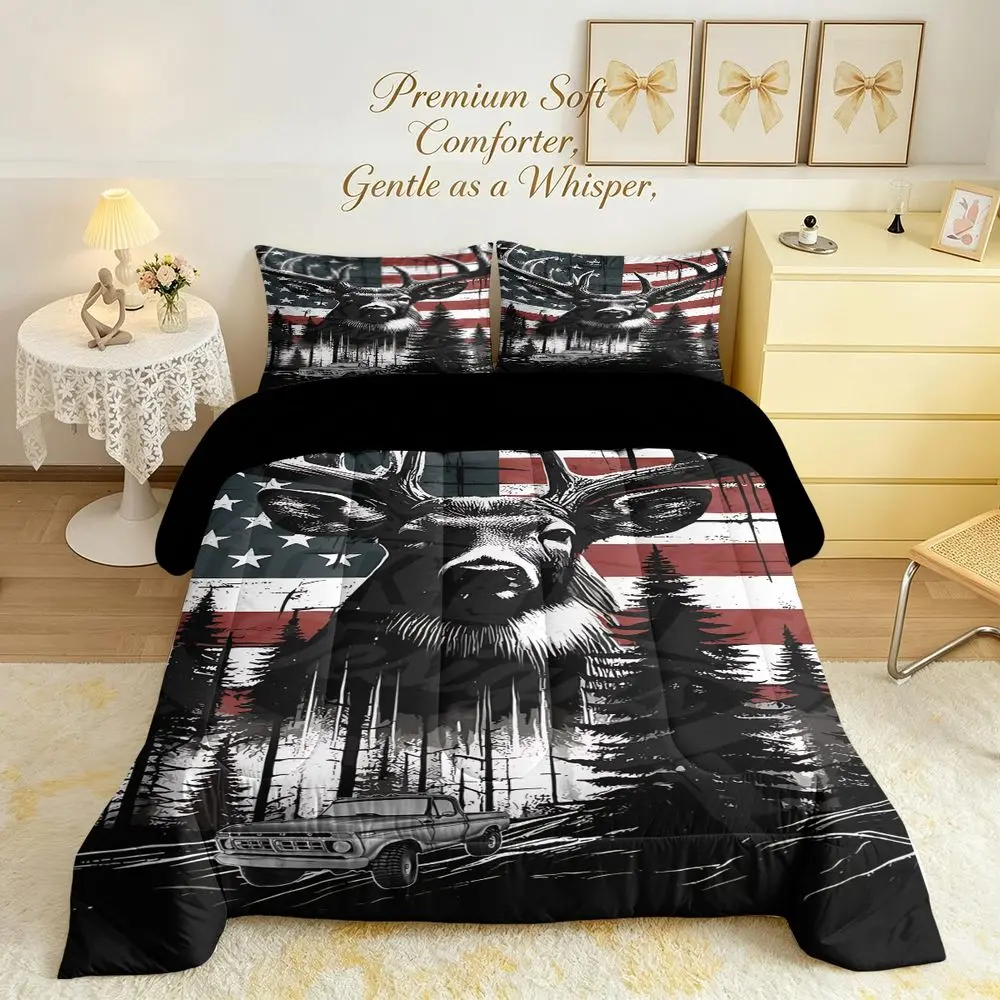 3Pcs Deer & USA Flag Printed Comforter Set  (1 Quilt, 2 Pillowcases, No Pillow Core), Rustic Hunting Theme Bedding Set, Vibrant Digital Print Quilted Comforter, Perfect for Bedroom Decor, All-Season Bedding, Decorative Bedding Set