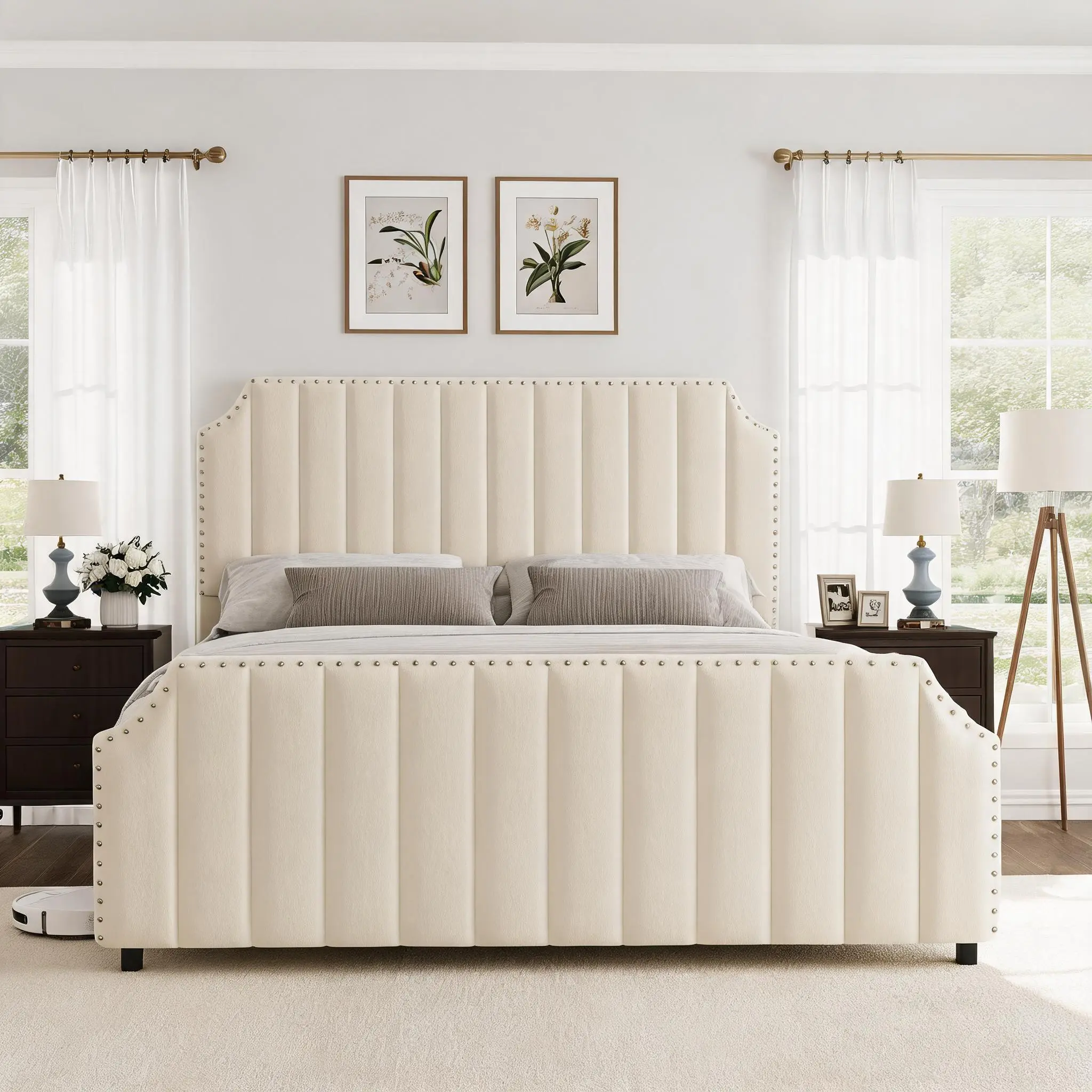 Velvet Platform Bed Frame with Nailhead Trim, 50.2” Tall Headboard and Footboard, Noise-Free Wood Slat Support, No Box Spring Required, Queen/California King Size Bed, Beige/Cream Options