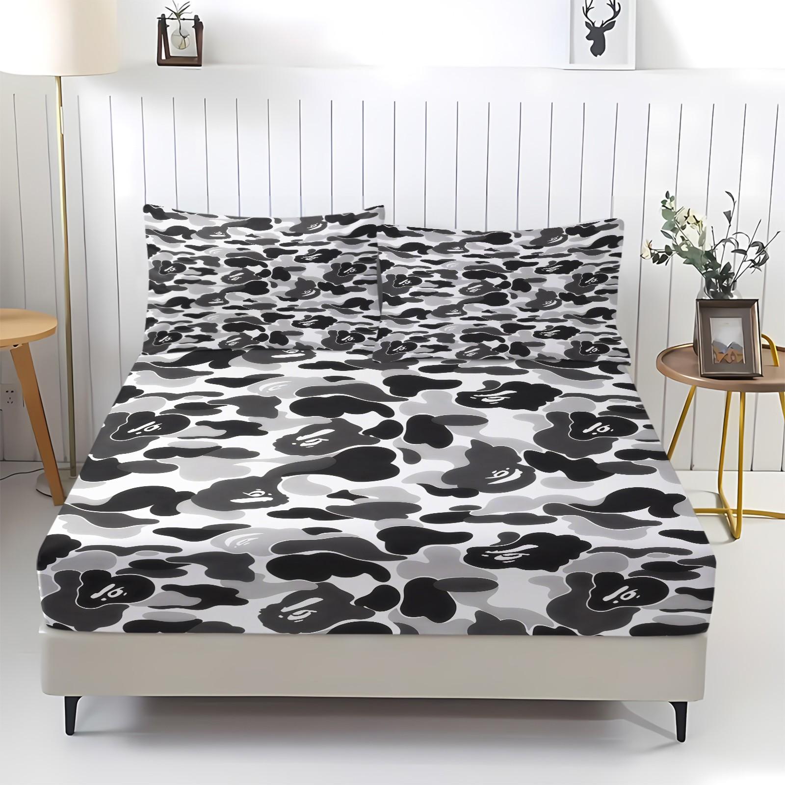 Black-White Camouflage Fitted Sheet Set & 2 Pillowcases No Core, Low-Saturation Camo & Iconic Ape Head Logo, Soft Anti-Slip Wrinkle Resistant, Industrial Hip Hop Style Bedroom Decor, Gift for Fans