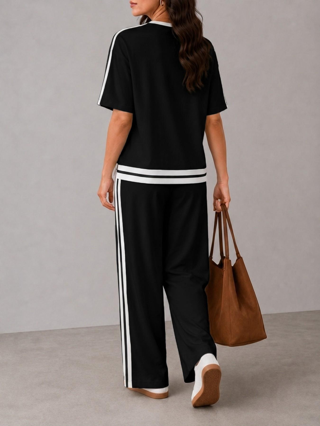 Women's Casual Sportswear Set, Plain Round Neck Short Sleeve T-Shirt and Striped Pants, Spring Summer Two-Piece, All Seasons, Loose Casual Athleisure