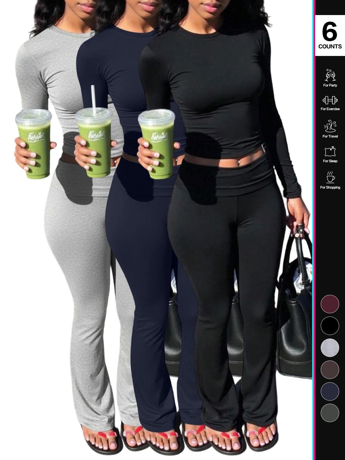 Women's 2 Piece, Foldover Flare Pants & Long Sleeve Crew Neck T-Shirt, Fitted Pajama Sets, Casual Comfortable Sleepwear