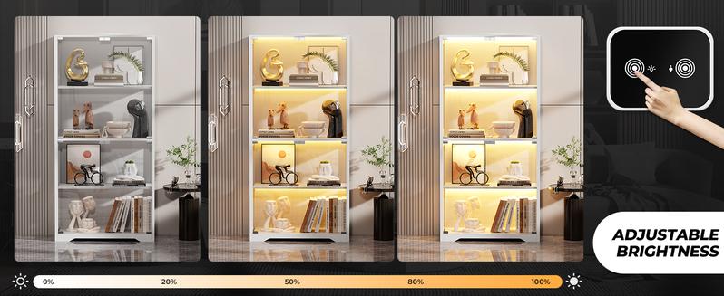 Brottar Display Cabinet with Glass Doors, Storage Cabinet with 3 Color Light, 4-Tier Curio Cabinet Bookcase for Collectibles, Toys, Books, for Playroom, Bedroom, Study Room, White