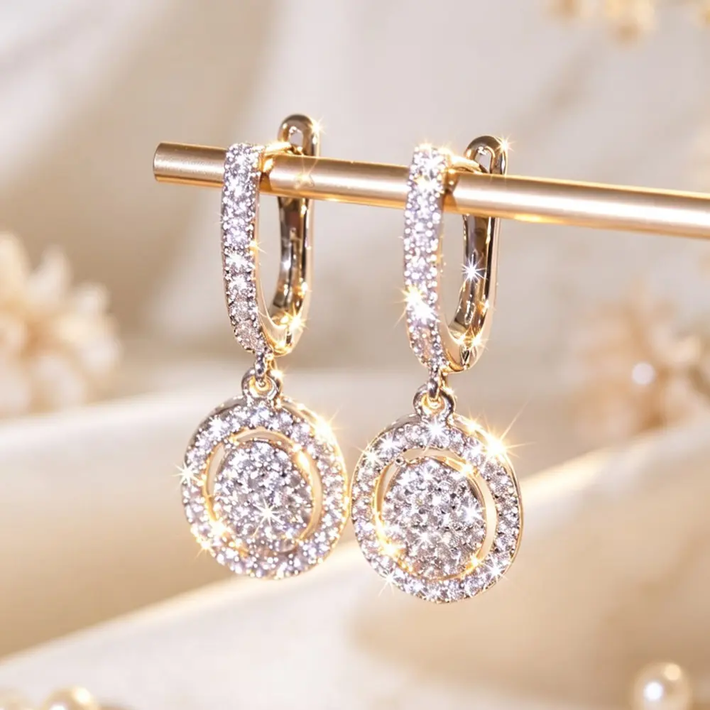 Women Sparkling Halo Circle Huggie Dangle Earrings, Double‑Layer Round Paved Drop Earrings, Elegant Statement Fashion Earrings for Bridal Wedding Banquet Special Occasion
