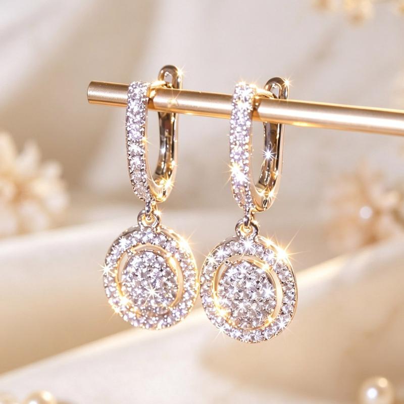 Women Sparkling Halo Circle Huggie Dangle Earrings, Double‑Layer Round Paved Drop Earrings, Elegant Statement Fashion Earrings for Bridal Wedding Banquet Special Occasion