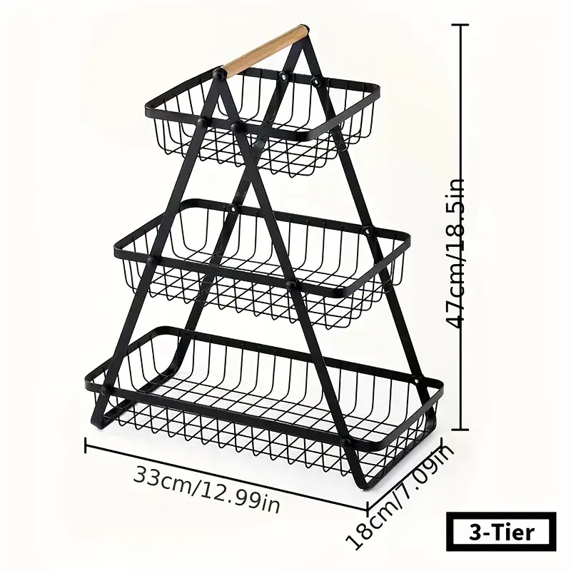 1pc 2/3-Tier Iron Drain Basket with Wooden Handle - Removable Wire Mesh Food-Safe Countertop Storage Organizer for Kitchen, Bathroom, Fruits & Vegetables - Space-Saving Home Organization Solution, Kitchen Storage Basket, Bathroom Organizer,