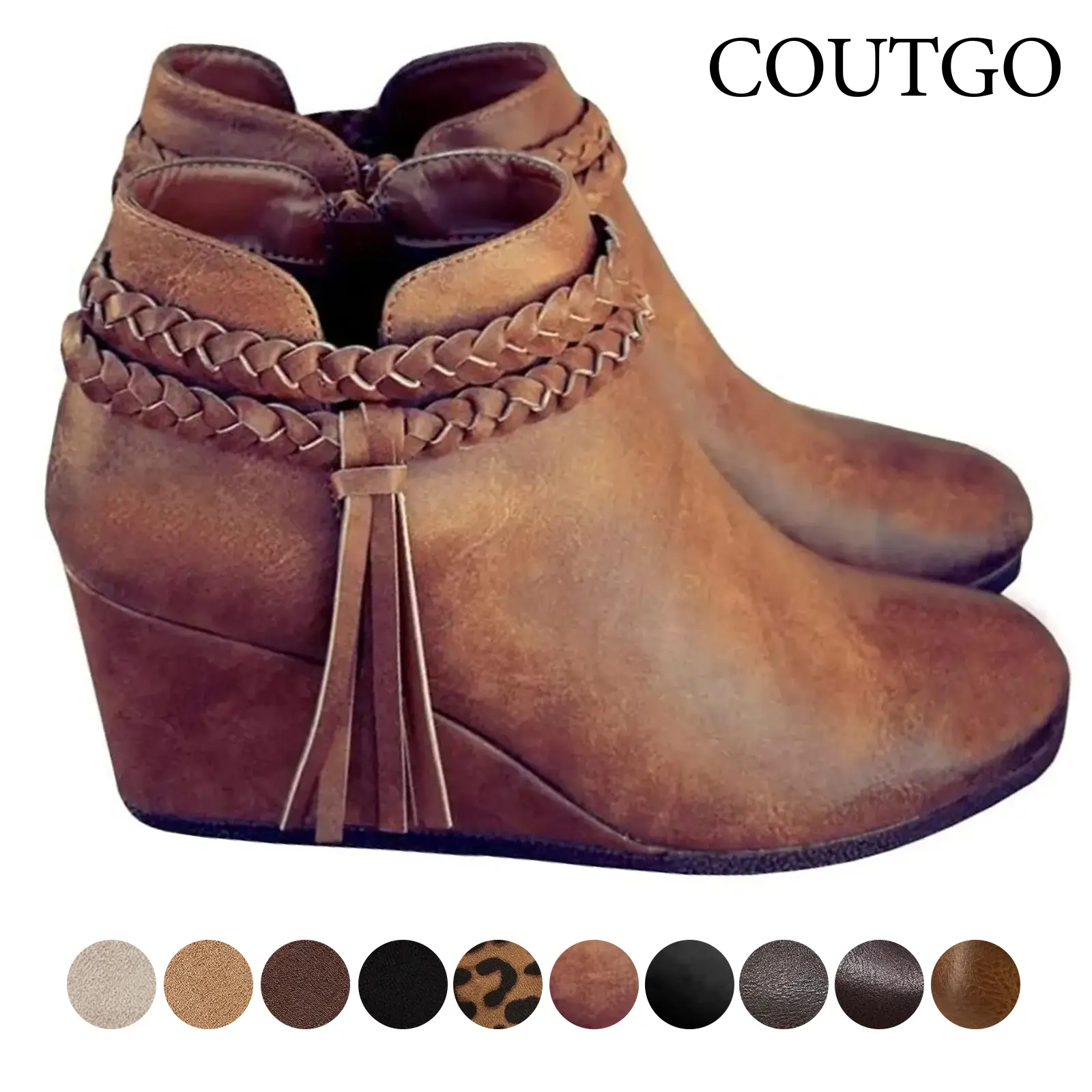 Coutgo Women's Western Wedge Ankle Boots Faux Suede Braided Fringe Strap 3 Inch Heel Fall Booties Dress Shoes Design