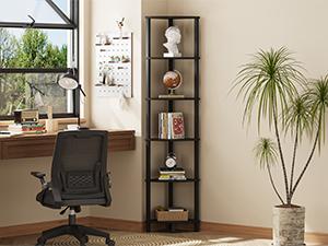 Corner Shelf, 6-Tier Corner Bookshelf, Industrial Corner Ladder Shelf, DIY Storage Shelves, Modern Display Shelf for Living Room, Bedroom, Kitchen, Home Office, Black UJSJ004B