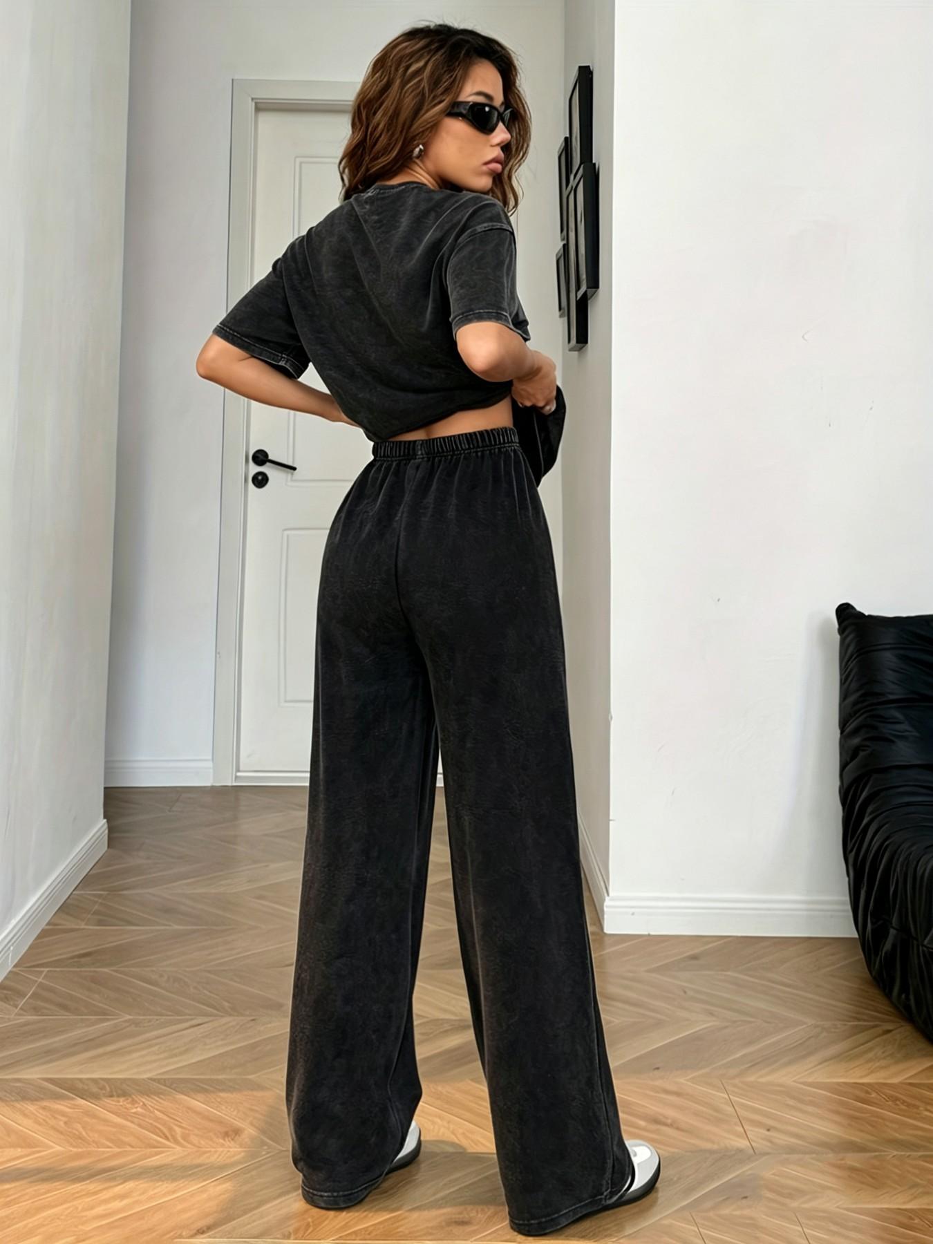 Vintage Acid Wash Knit Cotton Two-Piece Set for Women Loose Round Neck Short Sleeve Tee + Wide Leg Pants, Casual Streetwear Style