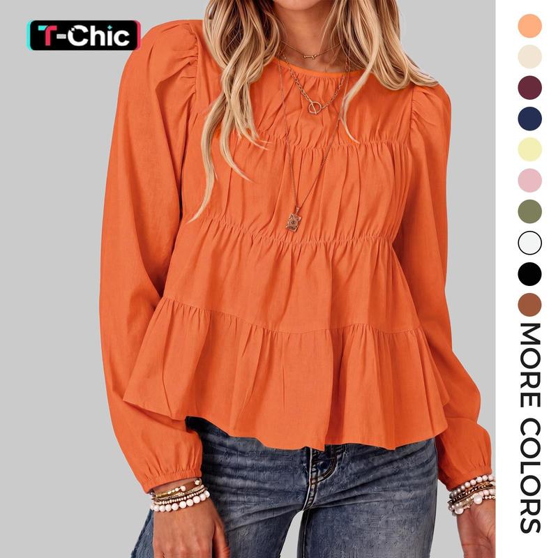 Tankaneo Women's Puff Long Sleeve Pleated Peplum Babydoll Blouse - Button-Front, Flowy, Comfortable, Slimming, Breathable, Chic Cute Tops for Casual, Weekend Wear | Shirts