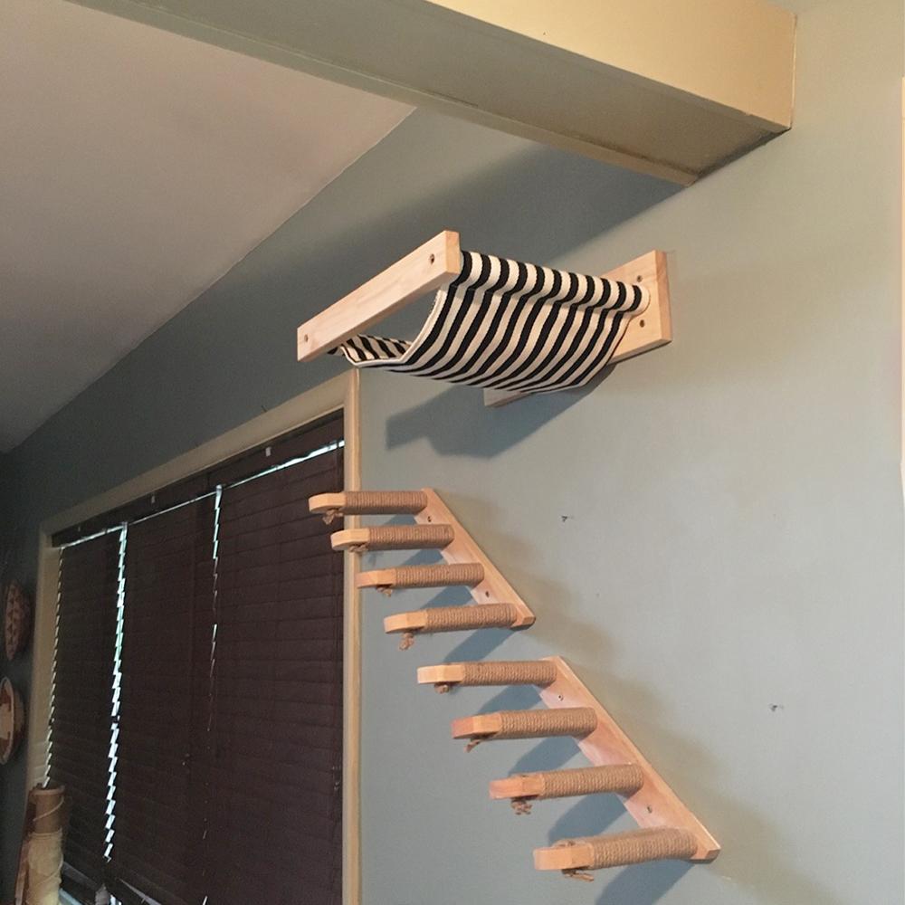 3pcs Wall Mounted Cat Hammock Shelves With Scratching Posts Step Ladder Set For Indoor Cat Wall Furnitures Climbing Playing  Made Of Pine Wood Home Animal