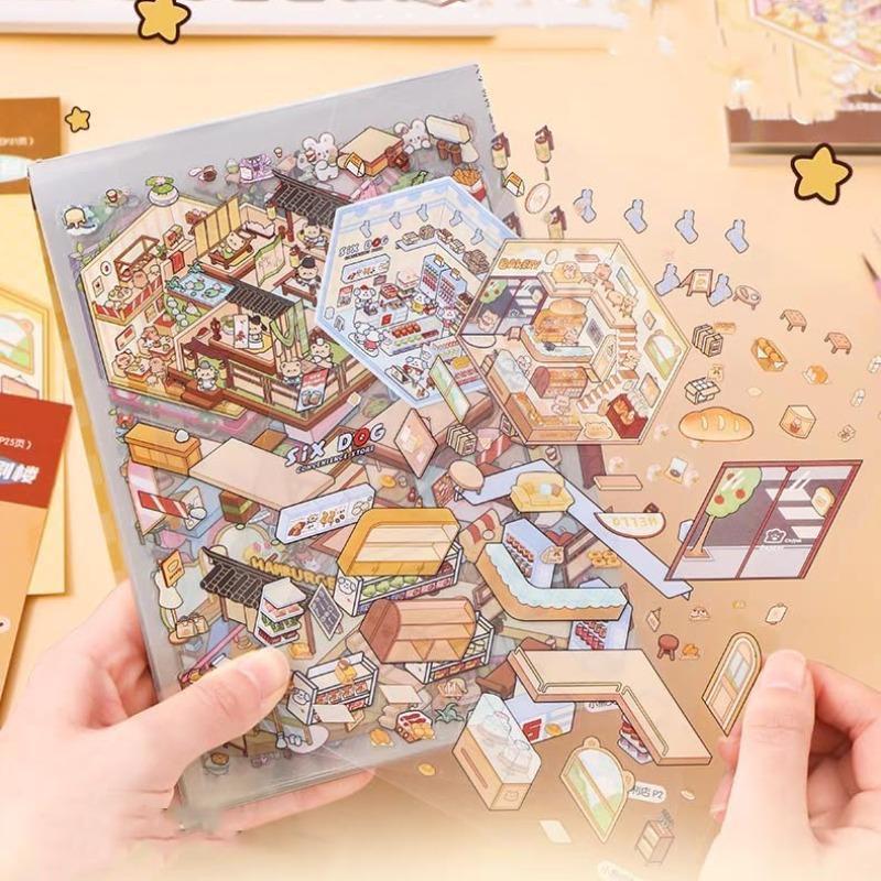 DIY 3D Sticker Scene Collection Book，Mini Scenery Sticker Book, 1 Set Miniature House Sticker with 20 Scene Cards and 30 Stickers, Journal Supplies, Cartoon Stickers, Decorative Scrapbook, Artistic Craft, Phonecase Sticker Collection