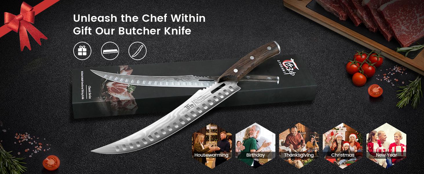 【TikTokShopJumpstart】SYOKAMI Stainless Steel Butcher Knife, 10.5 Inch High Carbon Japanese Style Carving Knife with Wood Full Tang Wooden Handle, Damascus Pattern Cooking Knives, Razor Sharp Breaking Kitchenware with Gift Box Ideal for Valentine's Day