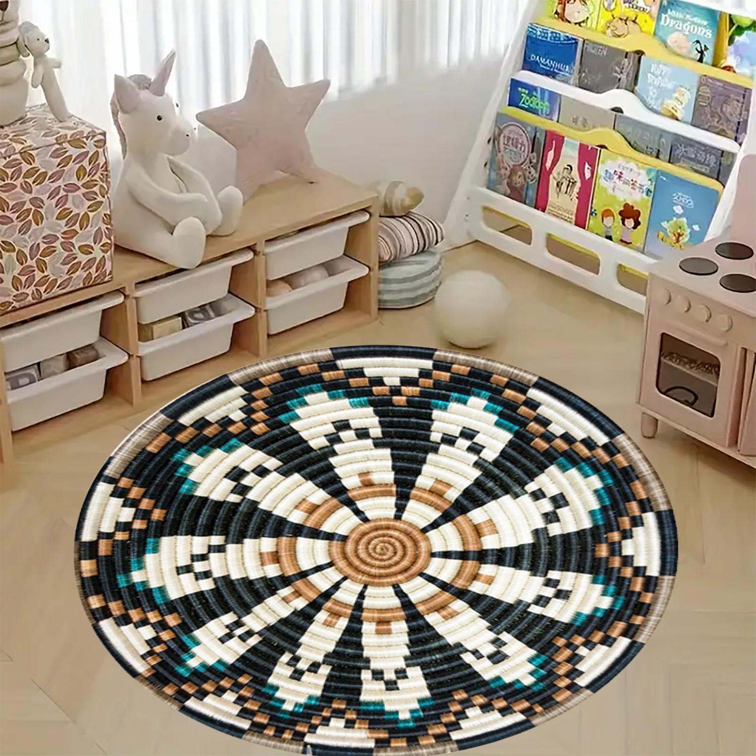 1piece of fashionable woven rope printed 2D plan circular pattern floor mat, suitable for bedroom bedside decoration, living room home decoration, balcony decoration, hotel decoration, entrance, kitchen, bathroom and other places, available in all seasons