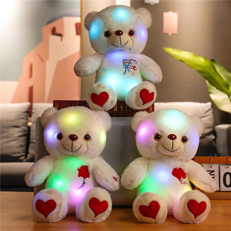 Glow-in-the-Dark Light-Up LED Teddy Bear Plush Toy with Heart and Rose Lights, Soft and Cuddly Plush Animal with Expressive Eyes, Warm White and Colorful Lights, Valentine's Day, Birthday and Anniversary Gift for Kids and Adults