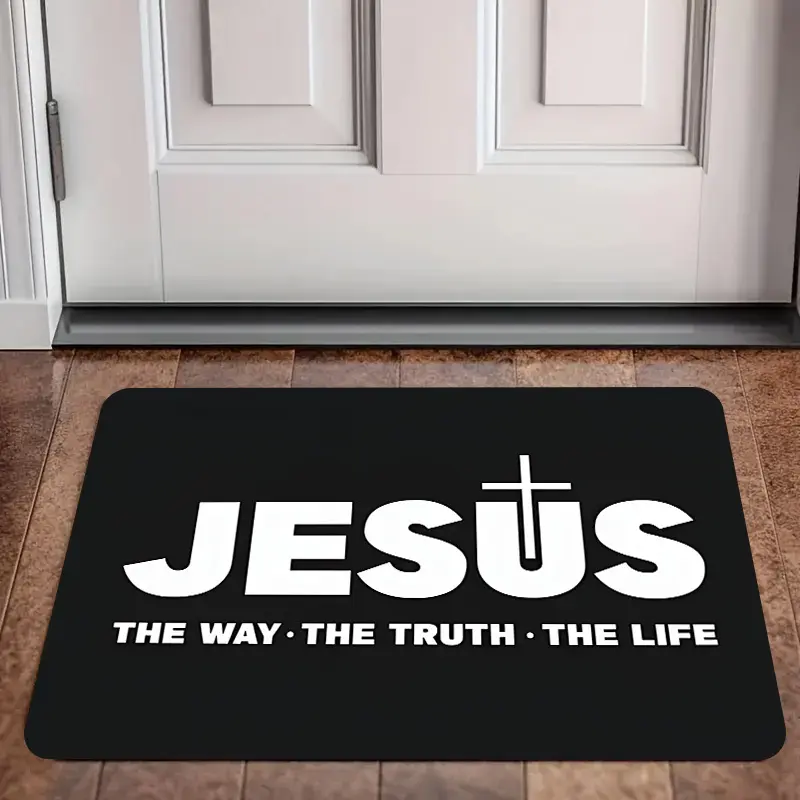 Flannel Floor Mat 1 Piece Religious Christian Faith Doormat - Thickened 0.4" thick 580Gsm plush floor mat, featuring bold lettering and a cross design, black and white religious decoration, suitable for entrance, living room, hallway - machine washable in