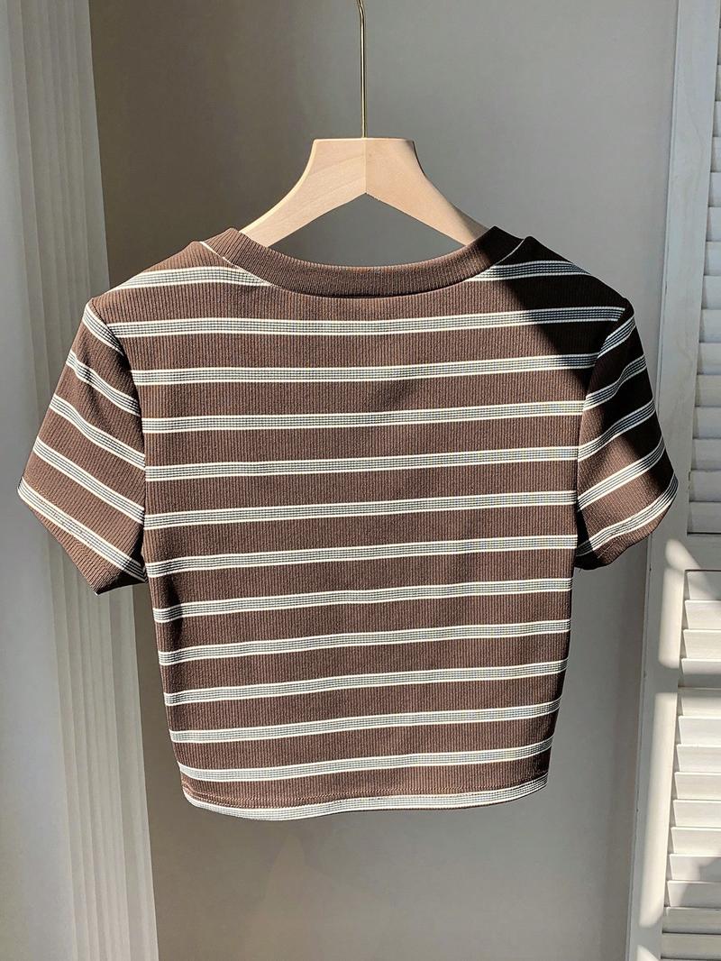 1 Piece Striped Slim Cropped Top | Sweet Cool  Aesthetic | Crew Neck Short Sleeve + Stretchy Ribbed Design | Perfect for Girls' Shopping Spree / Café Photo Ops