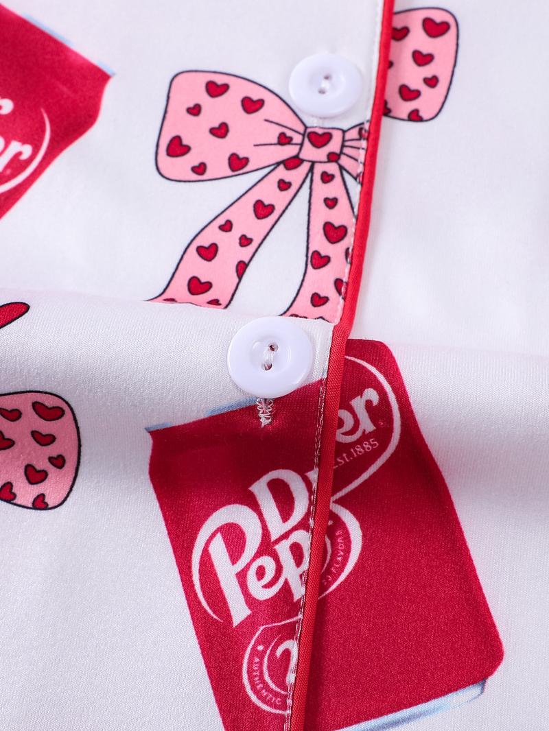 2-piece Valentine's Day Spring/Summer Women's White Bottom Full Body Love Bow Beverage Bottle Printed Short Sleeve Shorts Soft and Comfortable Top Small Pocket Elastic Waist Head Suitable for Four Seasons Home, Leisure, Regular Wear, Nightwear