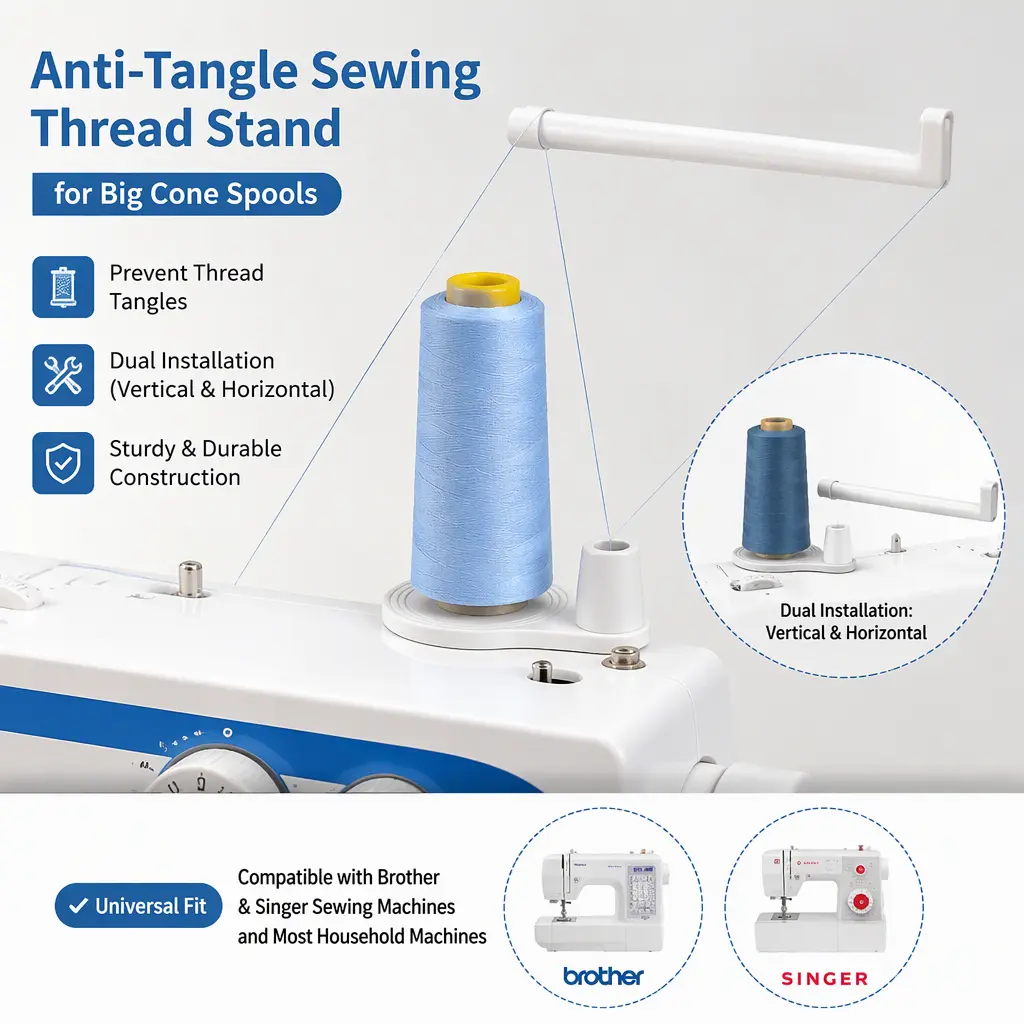 Vertical Spool Holder with Anti-Tangle Function for Big Cone Spools, Dual Installation Sewing Thread Stand, Perfect Accessory for Brother & Singer Sewing Machines