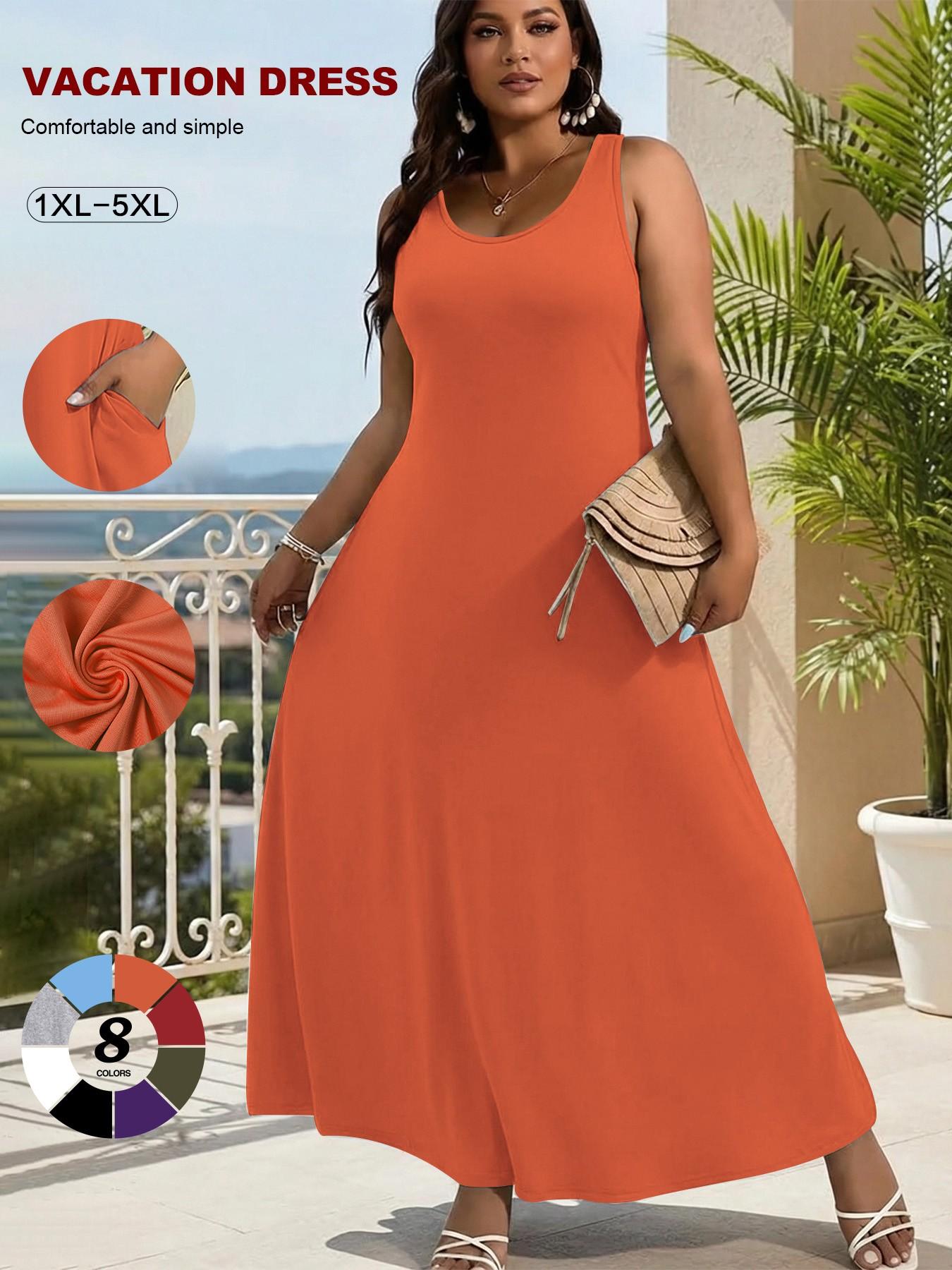 2026 Women's Plus Size Sleeveless Maxi Dress, Sexy Scoop Neck A-Line Vacation Dress, Summer Tummy Control Beach Cover Up with Pockets