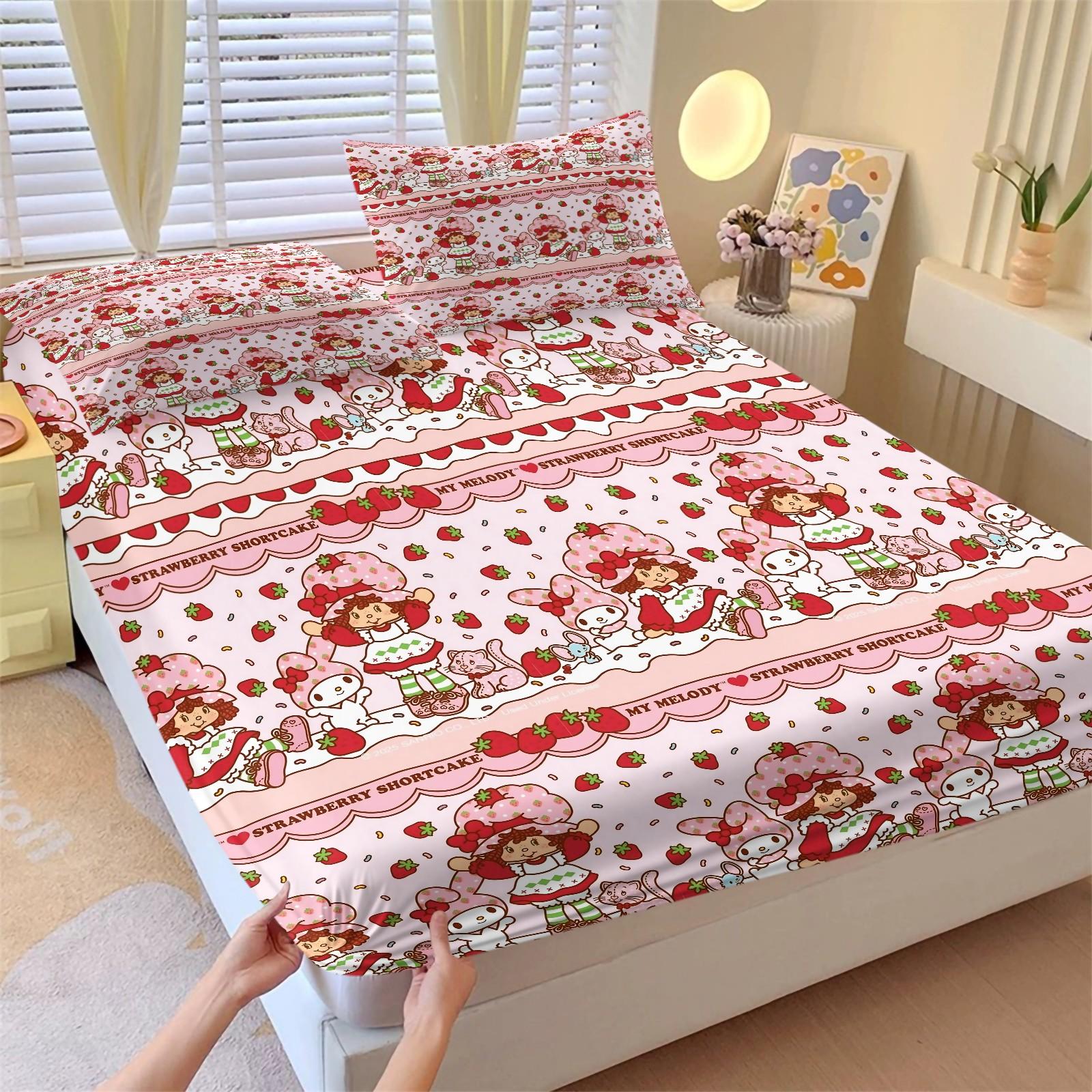 Q Version Strawberry Sweetheart Cartoon Fitted Sheet Set & 2 Pillowcases No Core, Wavy Stripe Design Paired with Cute Cartoon Characters, Soft Anti-Slip Wrinkle-Resistant, Girls' Bedroom Decor, Gift Choice