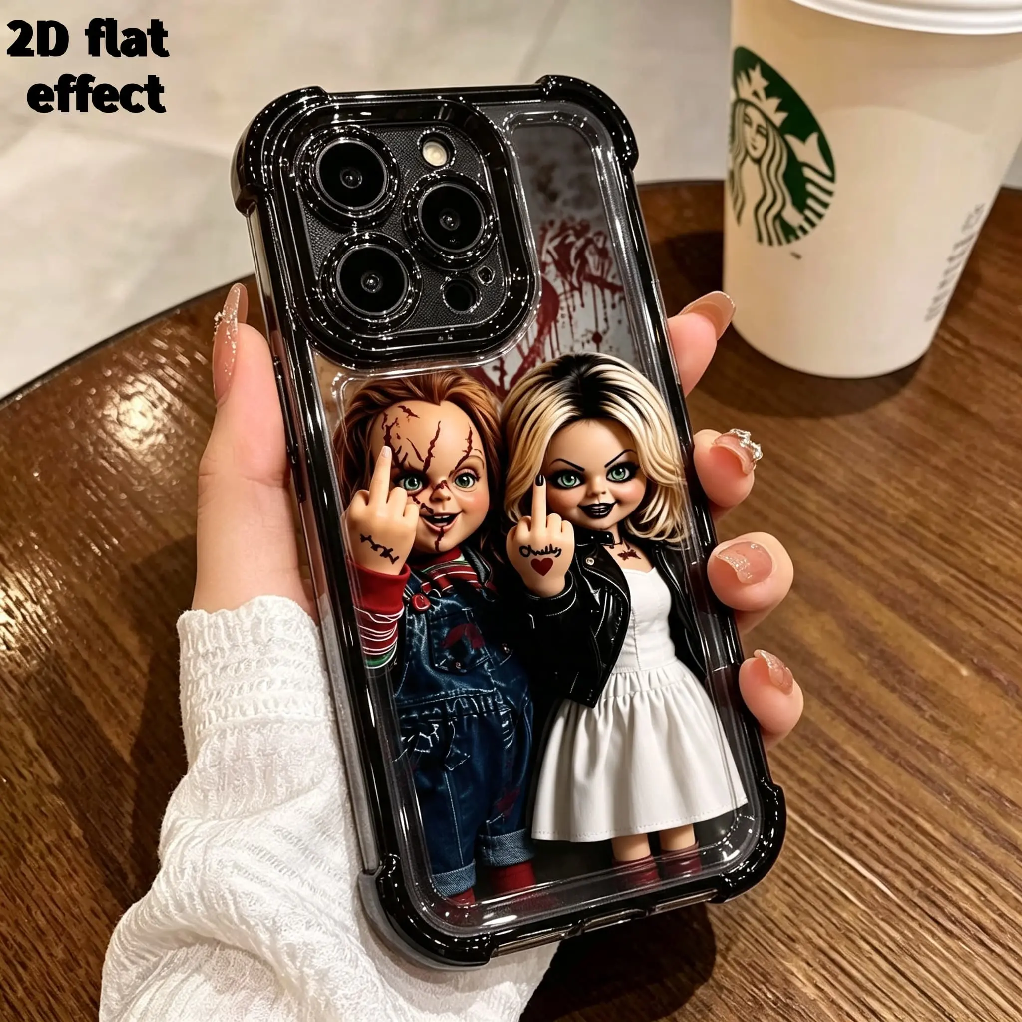2D Flat Horror Chucky Tiffany Phone Case, Cool Scary Doll Design Protective Phone Cover For iPhone, Trendy Halloween Shockproof Phone Shell